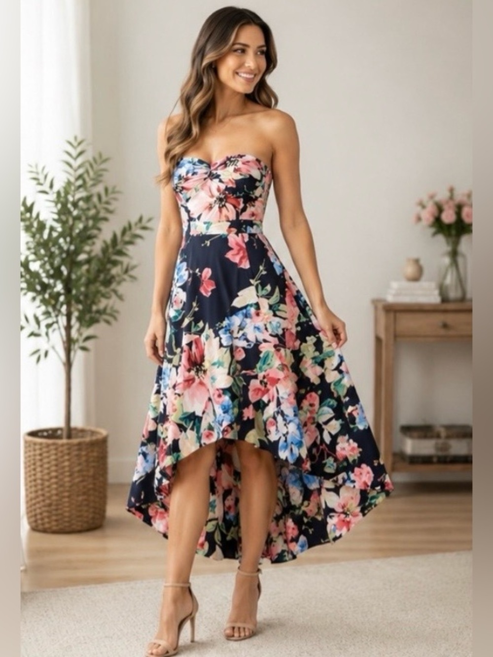 Eliza J Strapless Floral High Low Dress Navy Pink Wedding Guest Size 4